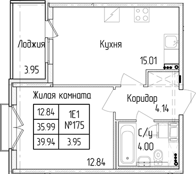 1-комнатная квартира 35.99 м², 3/4 эт., ЖК «Любоград в Стрельне»